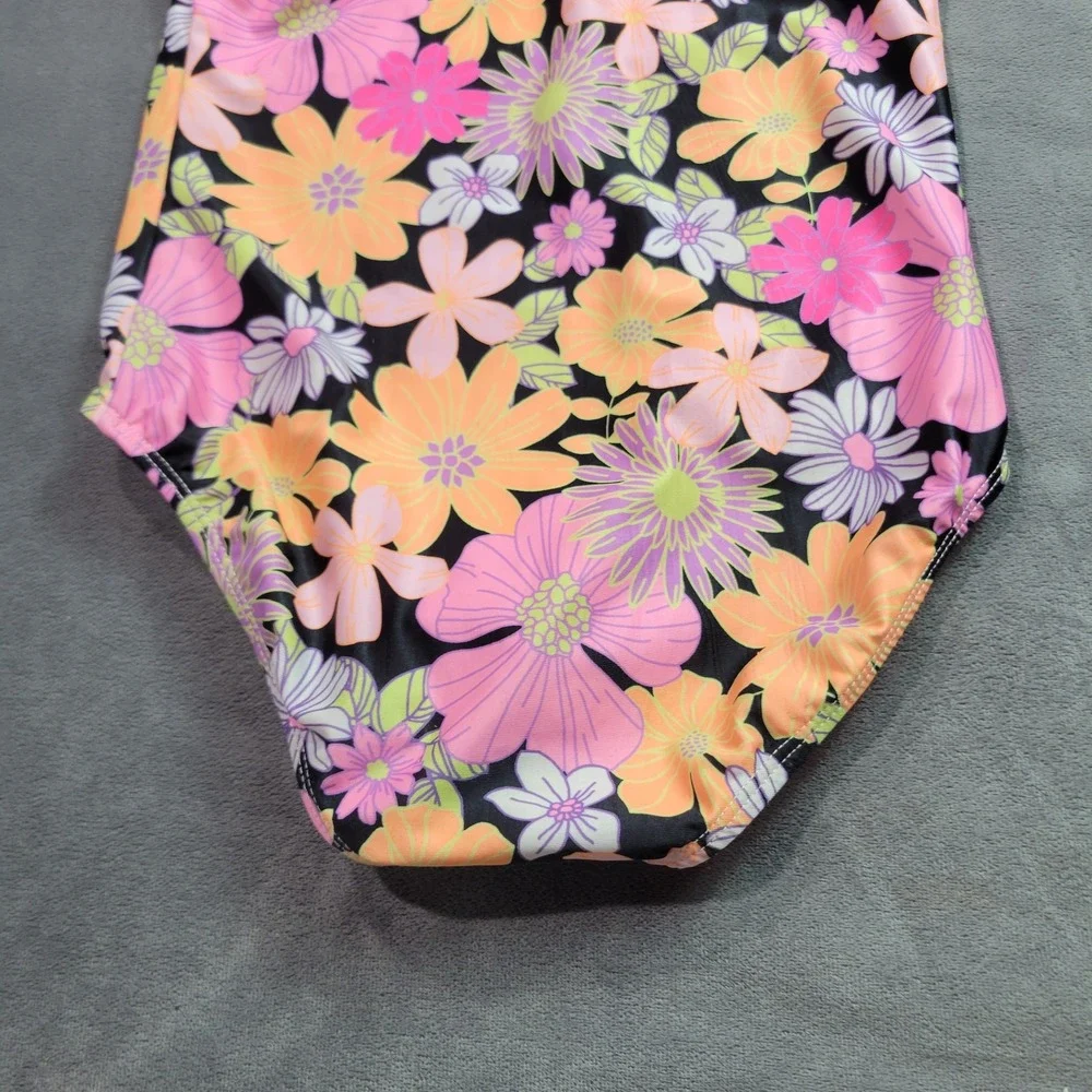 Wonder Nation‎ Girls Floral One Piece Swimsuit Ruffle Pink Orange Black Size 7-8